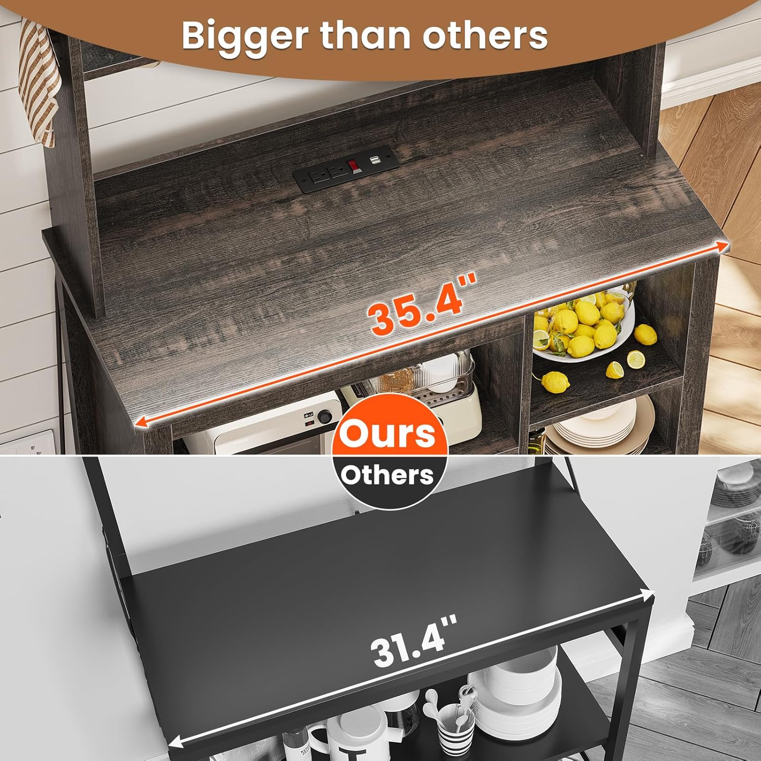 Itaar Coffee Bar Cabinet, Bakers Rack with Power Outlet and Storage, Farmhouse Microwave Stand Kitchen Cabinet with Hutch, LED Lights, Wine Glass Holder and 8 Hooks (Grey)