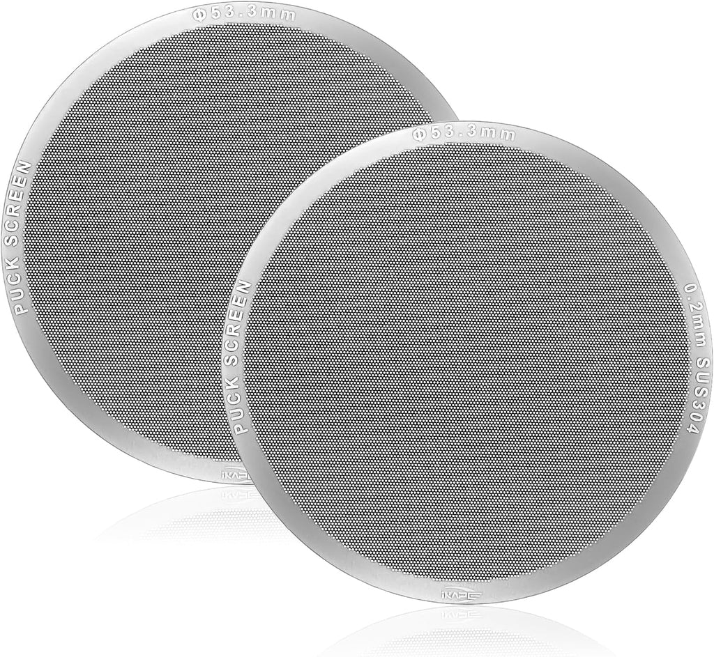 IKAPE 53.3mm 2pc Espresso Puck Screen, 0.2mm Thickness, Reusable Metal Ultra-thin & Ultra-light Coffee Filters, Food-grade 316 Stainless Steel Coffee Puck Screen for Espresso Baristas