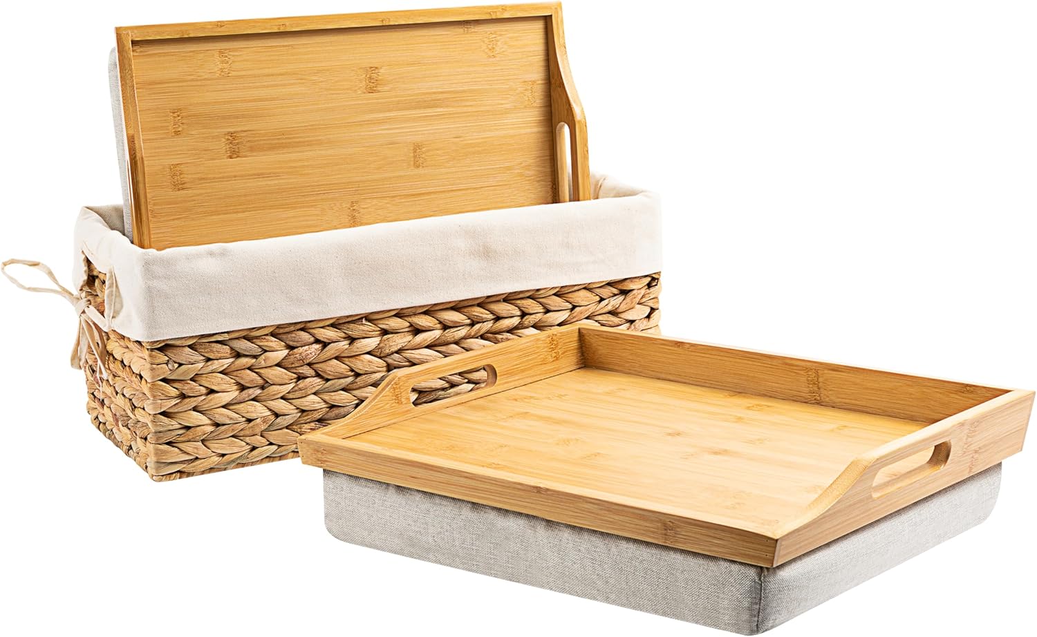 ROSSIE HOME Bamboo Wood Bed Tray, Lap Desk - Set of Two - with Hyacinth Storage Basket - Natural - Fits up to 15.6 Inch Laptops - Style No. 70107