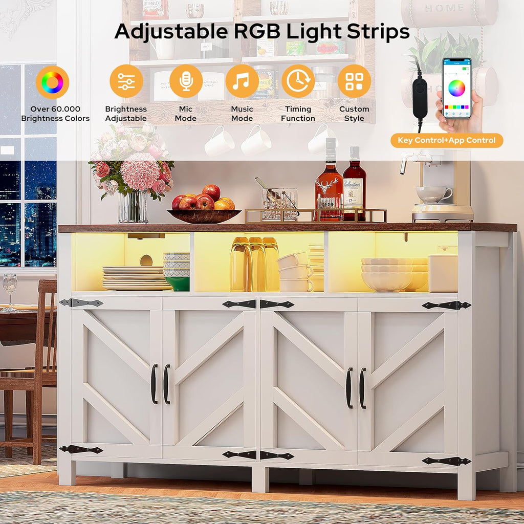 Buffet Sideboard with Storage with Power Outlets & LED Light 4 Doors, 55'' Large Farmhouse Kitchen Storage Cabinet Wood Coffee Bar Cabinet Buffet Table for Kitchen, Dining Room, Entryway