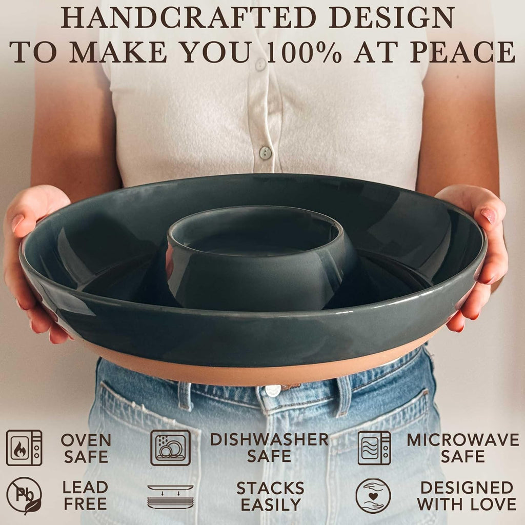 Mora Ceramic Chips and Dip Serving Tray: Large Divided Party Bowl Set for Chips & Salsa, Veggies & Dip, Fruit, Snacks, Entertaining, Hosting, etc. Minimalist Design for the Modern Hostess - Charcoal