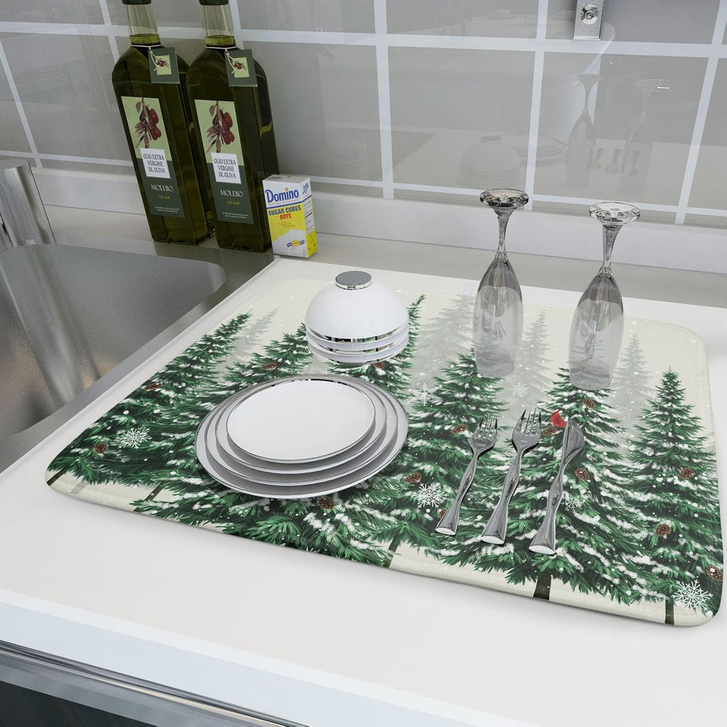 Winter Green Pine Tree Dish Drying Mat for Kitchen Counter,Red Bird Snowflake Drying Mat 18 x 24 Inch with High Absorbent Microfiber Drainer Mat for Coffee Bar