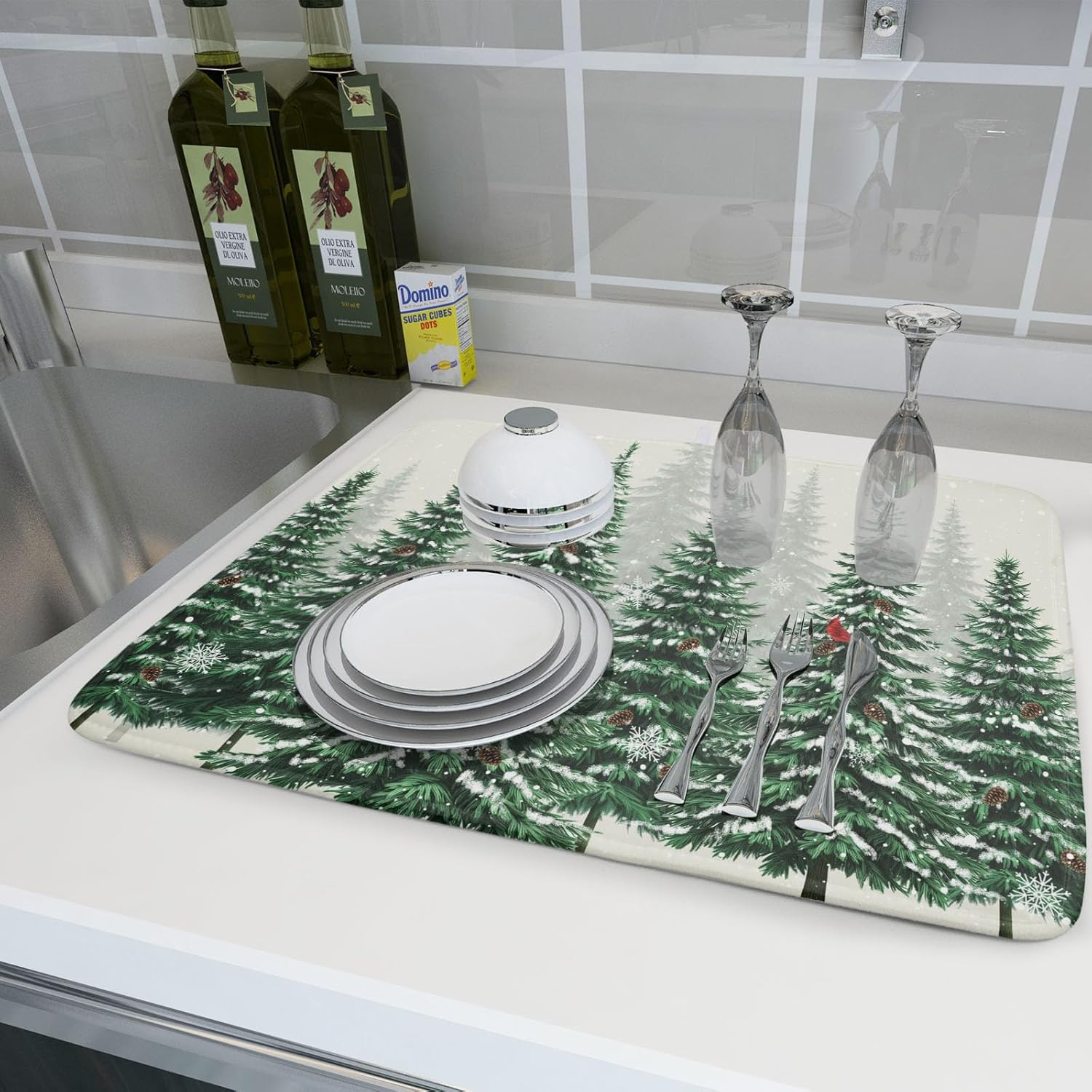 Winter Green Pine Tree Dish Drying Mat for Kitchen Counter,Red Bird Snowflake Drying Mat 18 x 24 Inch with High Absorbent Microfiber Drainer Mat for Coffee Bar