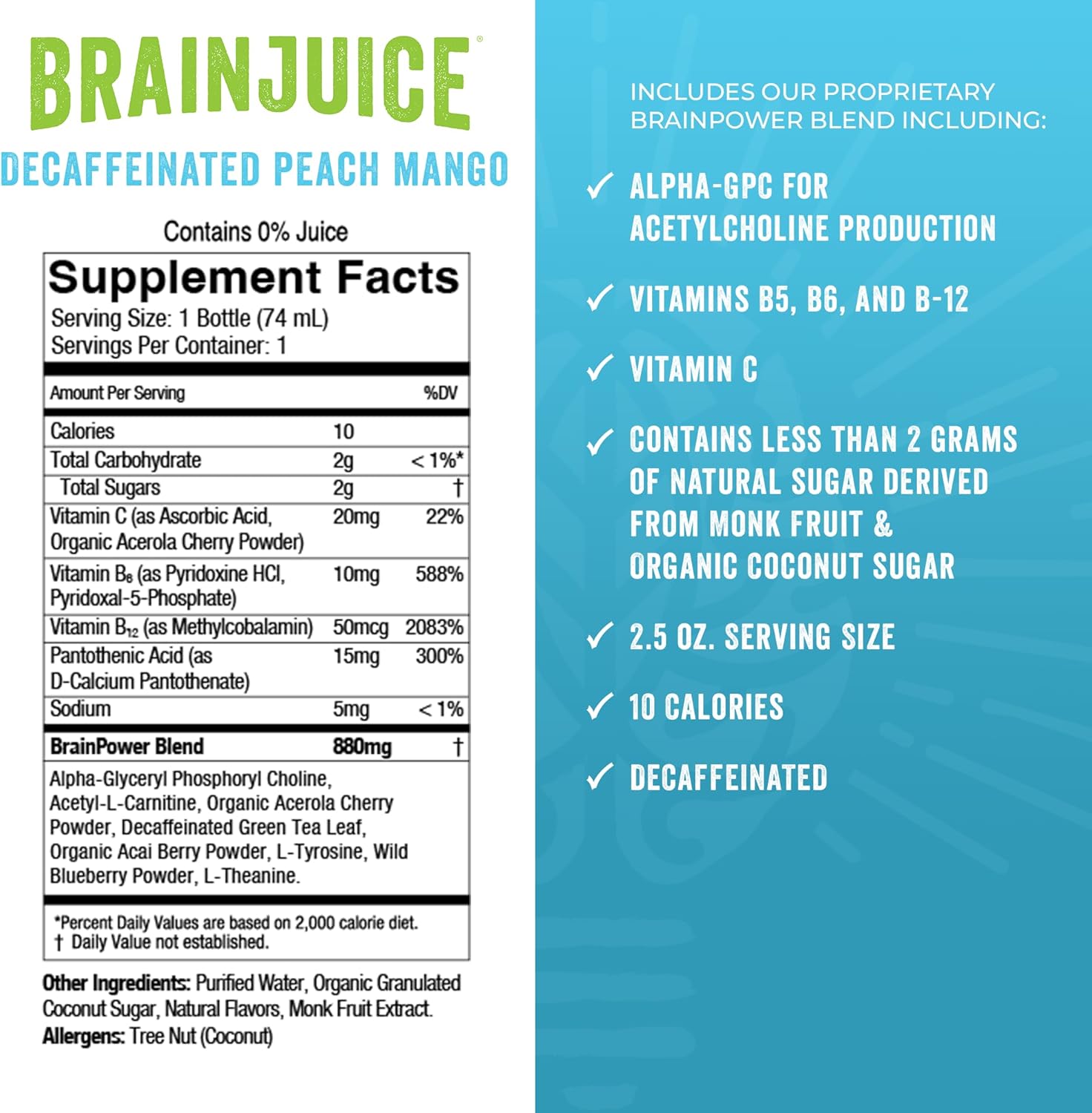 BrainJuice Decaf Brain Support Shot, Gluten Free Supplement Shots for Energy & Focus, Healthy Drinks with Alpha GPC, Vitamin B & Decaffeinated Green Tea Leaf, Classic, 2.5 fl oz, 12 Pack