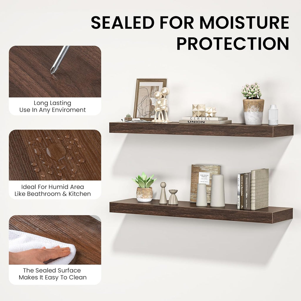 Floating Shelves for Wall, 55"W x 9.3"D x 1.5"H, Long Wooden Wall Mounted Display Shelves with Invisible Brackets for Living Room, Bedroom, Bathroom, Kitchen Decor and Storage, Set of 1, Walnut