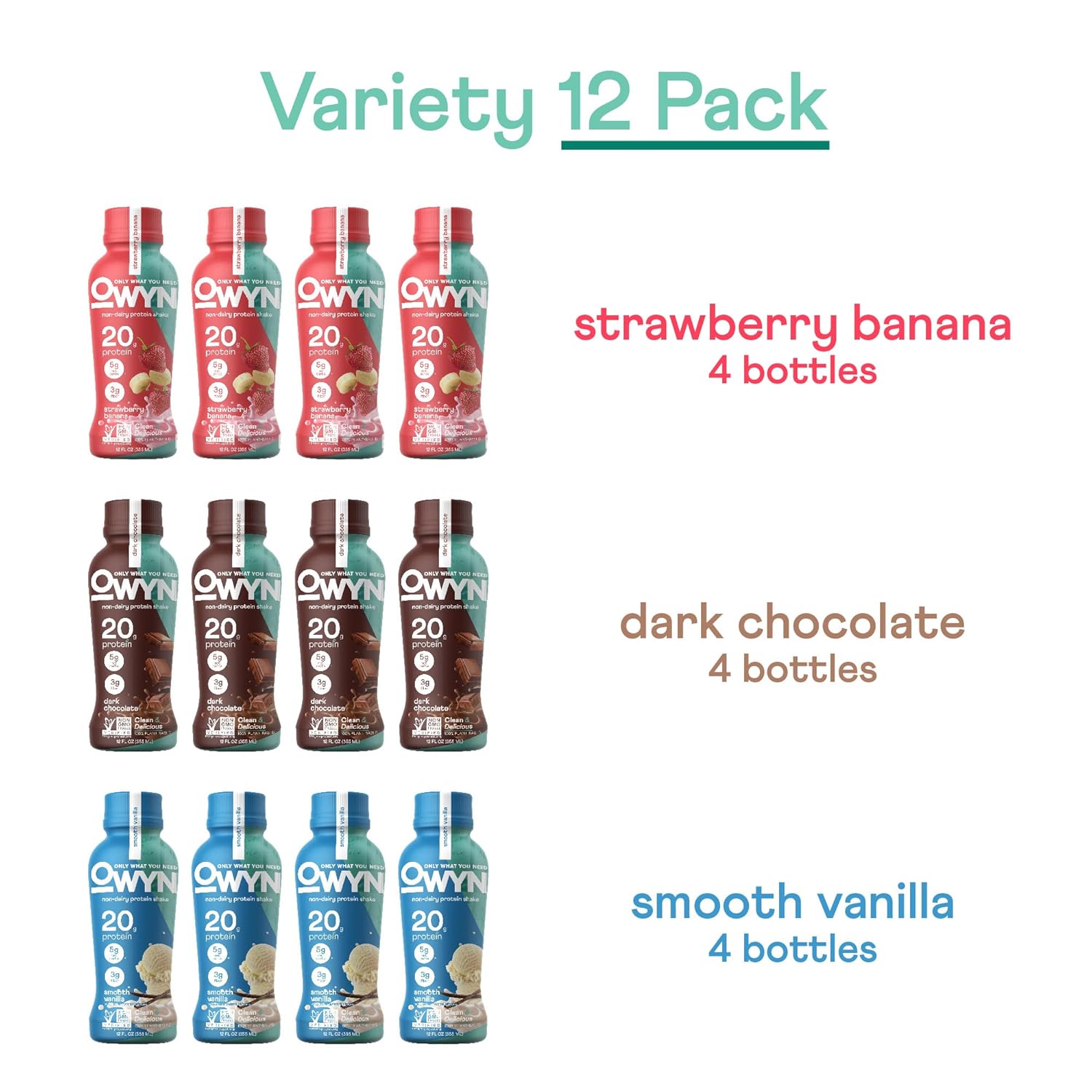 OWYN Only What You Need Protein Shake, 20g Vegan Protein, Ready to Drink, Dairy Free, Great Taste, 4g Sugar, 5g Net Carbs, Strawberry Banana Variety Pack, 12 Fl Oz (12 Pack)