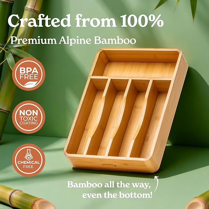 SMIRLY Silverware Drawer Organizer – Bamboo Kitchen Drawer Organizer, Adjustable Utensil Holder and Cutlery Tray, Drawer Dividers for Flatware and Kitchen Utensils