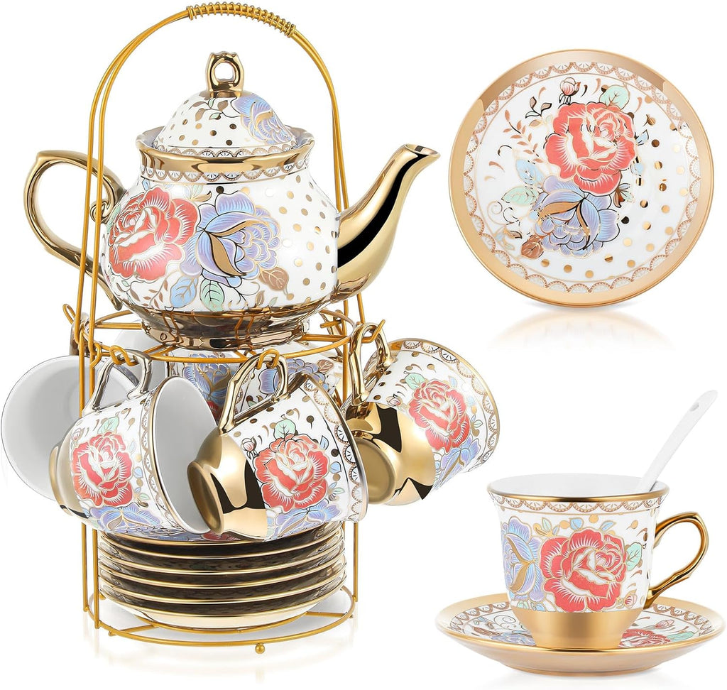 Zhehao 20 Pcs Porcelain Tea Set with Metal Holder and Spoon Adult Ceramic Tea Party Set European Flower Painting Teapot Cup Saucer Spoon Set for Women, Large Version(Romantic Style)