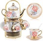 Zhehao 20 Pcs Porcelain Tea Set with Metal Holder and Spoon Adult Ceramic Tea Party Set European Flower Painting Teapot Cup Saucer Spoon Set for Women, Large Version(Romantic Style)