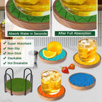 Coasters for Drinks Absorbent 5 Pack, Coasters for Coffee Table with Holder, Wood Coasters with Felt Pads, Non-Slip, Non-Stick, Suit for Kinds of Cups 4.3 inch (Colorful), Round