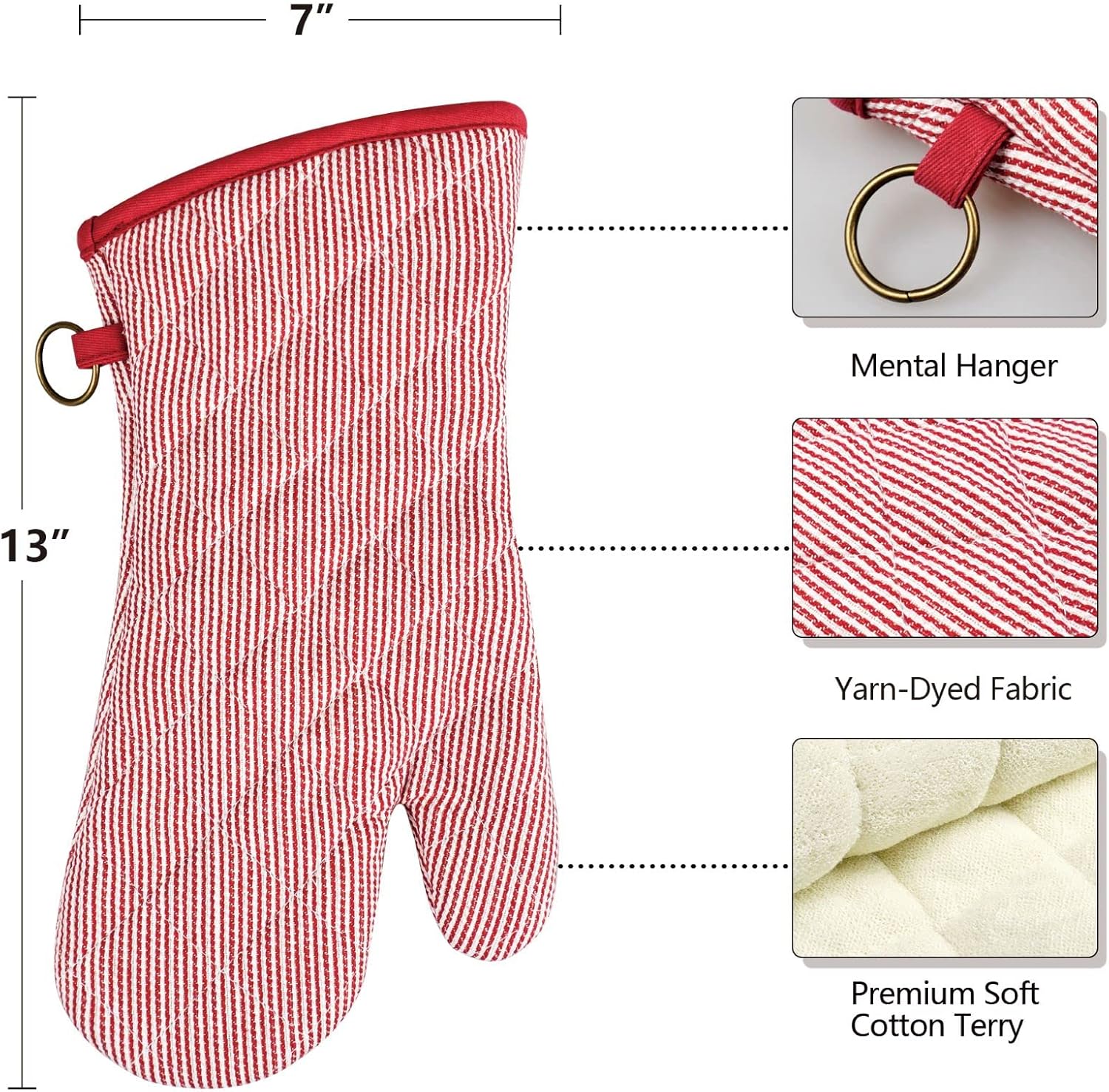1 Pair Yarn Dyed Oven Mitts 100% Cotton Heat Resistant 470 Degree Gloves Men Women Cooking Baking Barbecue BBQ Microwave Crafting Machine Washable Pot Holders Mittens (red2)