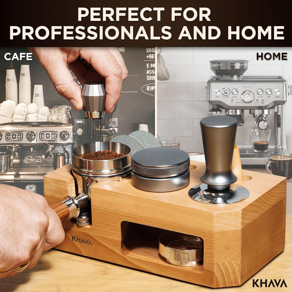 KHAVA Espresso Tamping Station | Wooden Coffee Tamper Station 51-54 mm | Espresso Organizer Portafilter Holder | Coffee Station Organizer for Countertop | Espresso Accessories for Coffee Bar, Natural