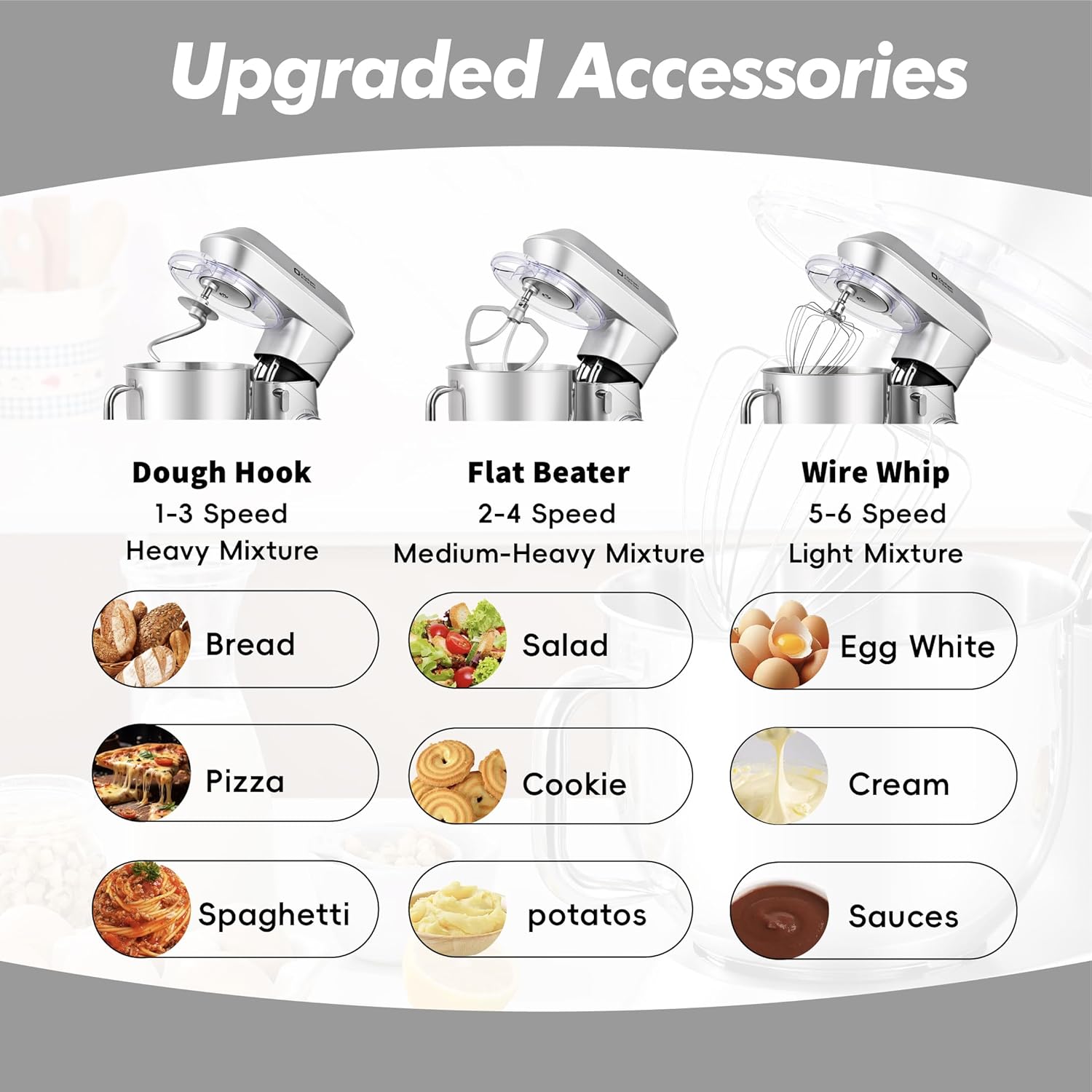 Kitchen in the box Stand Mixer, 900W 7.5QT Kitchen Electric Mixer, 6-Speed Tilt-Head Food Mixer for Baking with Dough Hook,Wire Whip,Beater (Silver)