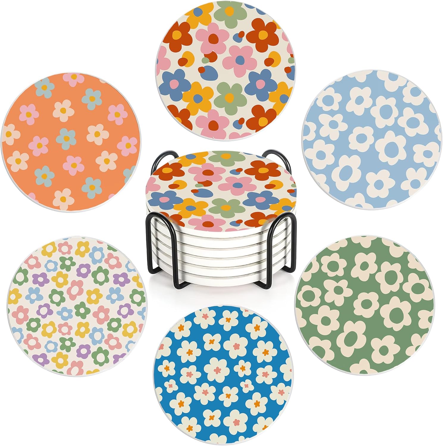 Drink Coasters Set of 6 with Holder, Vintage Groovy Flowers Absorbent Ceramic Drink Coaster for Tabletop Protection,Suitable for Kinds of Cups,Drinks Coasters for Home Office Decoration(4 Inches)