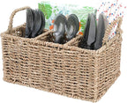 Wicker Party Silverware Caddy, Seagrass Plastic Cutlery Utensil Holder, Hand Woven with Handles, Kitchen Countertop and Picnic flatware Organizer (4 compartments)
