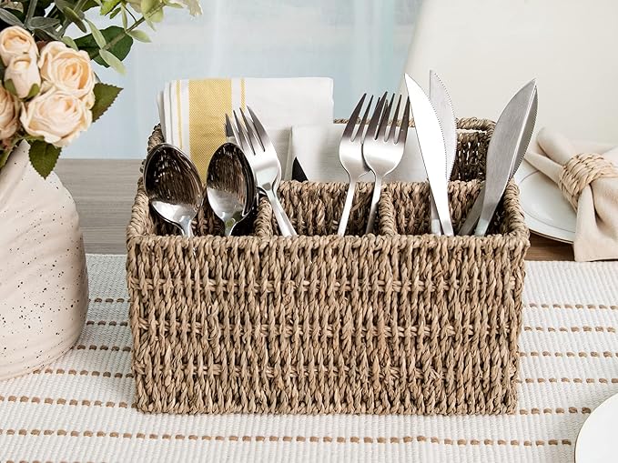 StorageWorks Wicker Flatware Organizer, Hand Woven Seagrass Cutlery Holder for Countertop with Handle, 1 Pack
