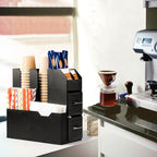 SZQINJI Coffee Condiment Organizer 11-Compartment Breakroom Coffee Station Organizer Countertop Cup Storage with 2 Drawers Black