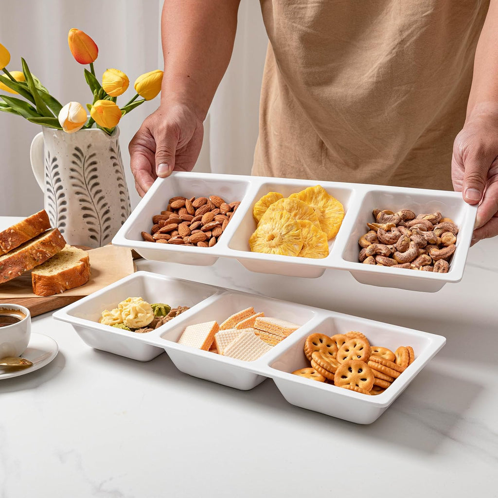 Divided Serving Tray, 14.75”x 6” Reusable 3-Section Party Platters, Condiment Serving Dishes for Entertaining, Ideal for Snacks, Appetizers, Fruit, Candy, Chip & Dip Set,White