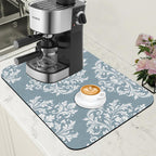 Dish Drying Mat Blue Damask Floral Coffee Bar Mat for Countertop Absorbent Rubber Backed Hide Stain Dish Drainer Rack Pad Coffee Maker Espresso Machine Dining Room Decoration 11.8 x 19.7 Inch