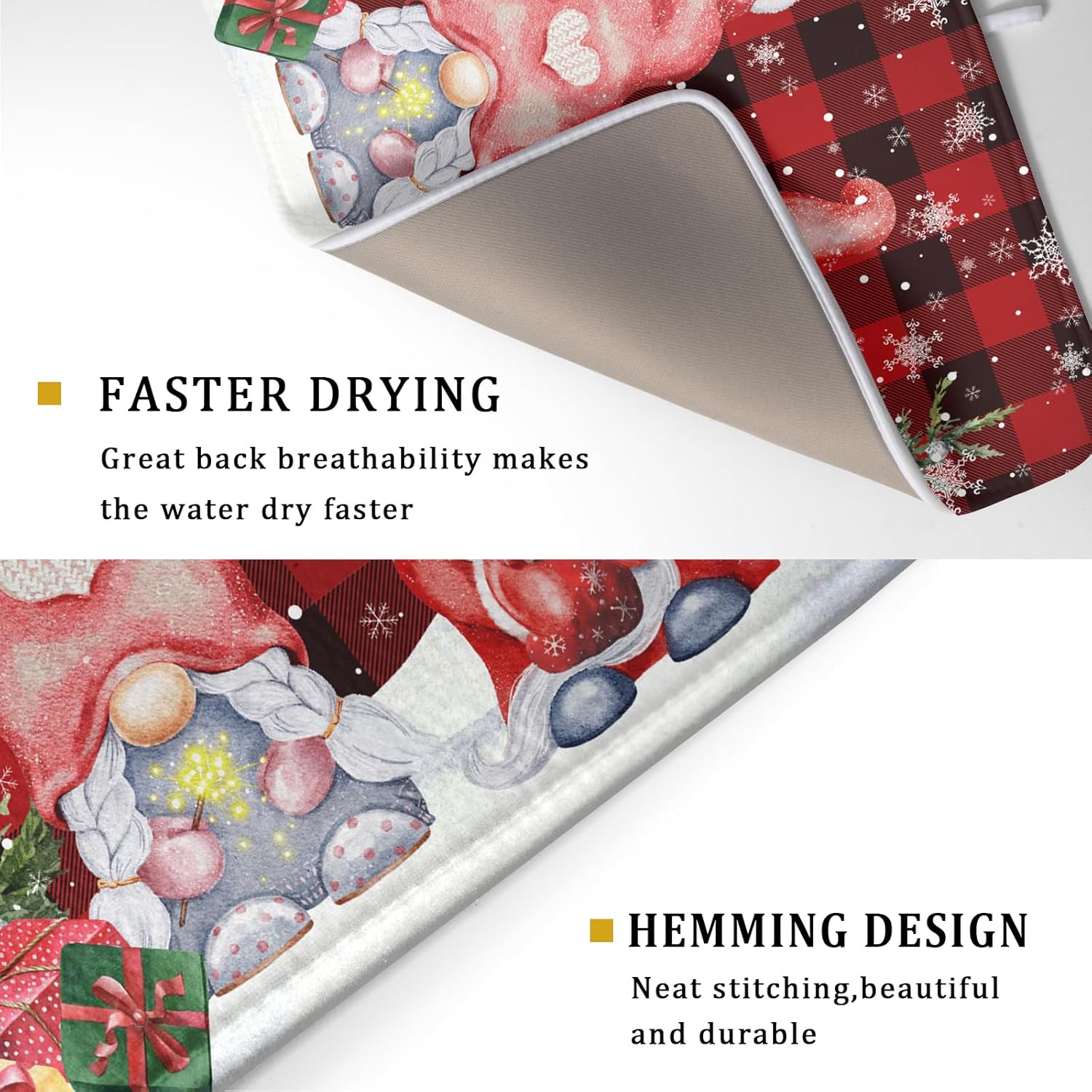 Winter Gnome Dish Drying Mat 18x24 inch Christmas Elf Trees Snowflakes Dish Drainer Mats Large Black Red Buffalo Plaids Fast Drying Absorbent Dish Drying Pad for Kitchen Countertop Holiday Decor