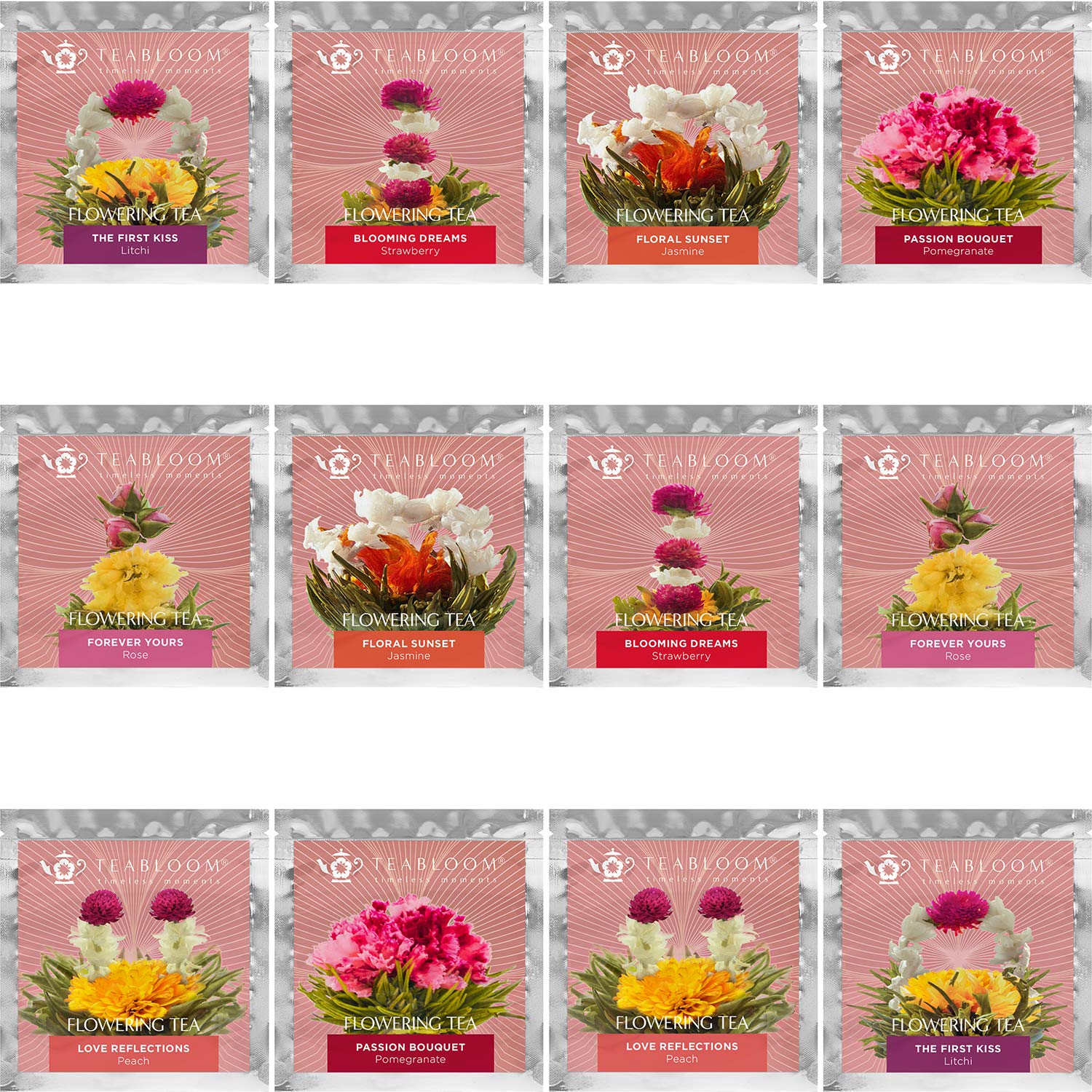Teabloom Heart-Shaped Flowering Teas – 12 Assorted Blooming Tea Flowers – Green Tea + Jasmine, Pomegranate, Strawberry, Rose, Litchi & Peach