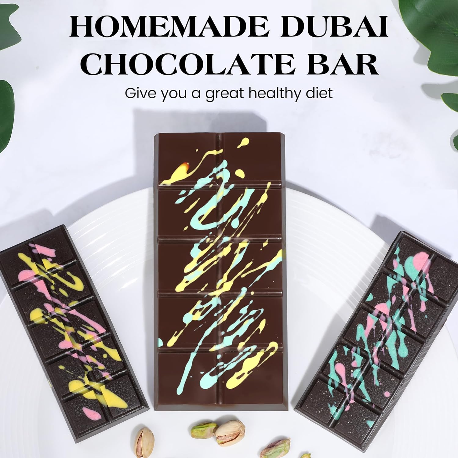 2 Pcs Chocolate Bar Mold Deep Dubai 0.85 Inch Stuffed Chocolate Molds Silicone Large Break Apart Silicone Molds (10 Snap + Pyramid）