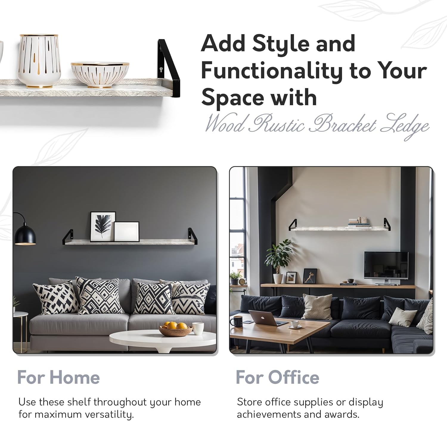 InPlace Shelving, Wall Mounted Real Solid Wood Rustic Bracket Ledge, 5" D x 60" W x 6.1"H, Distressed White, 9602101E