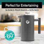 Coffee Gator French Press Coffee Maker 34oz, Double Insulated Stainless Steel Brewer plus Travel Jar Canister, Portable Hot Cold Brew for Coffee Bar Accessories Kitchen Camping, Silver