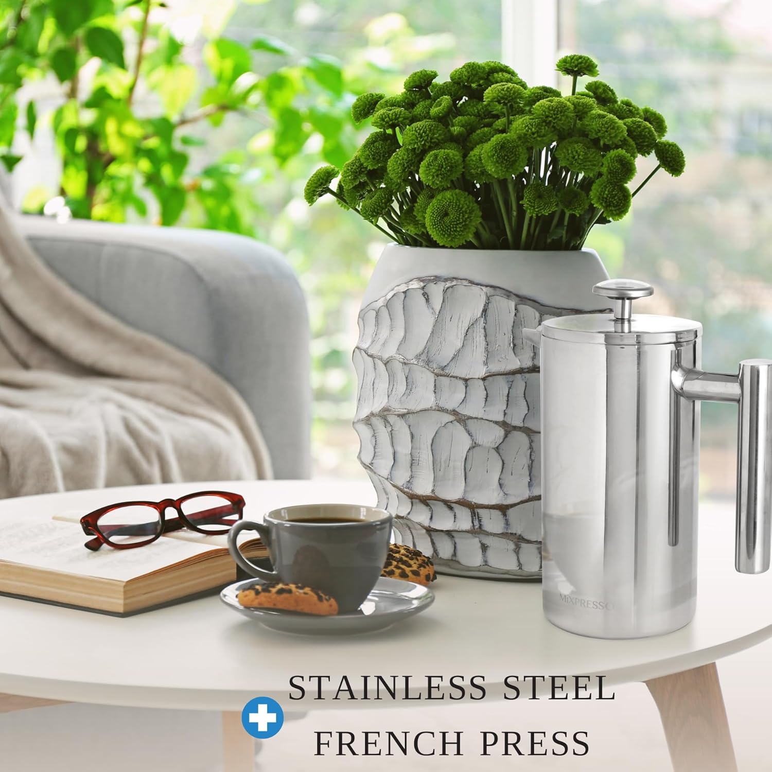 Mixpresso Stainless Steel French Press Coffee Maker 27 Oz 800ml, Double Wall Insulated French Press Stainless Steel, Built-In Thermometer, Easy Clean Tea Brewer, Easy Press Durable Metal Coffee Press