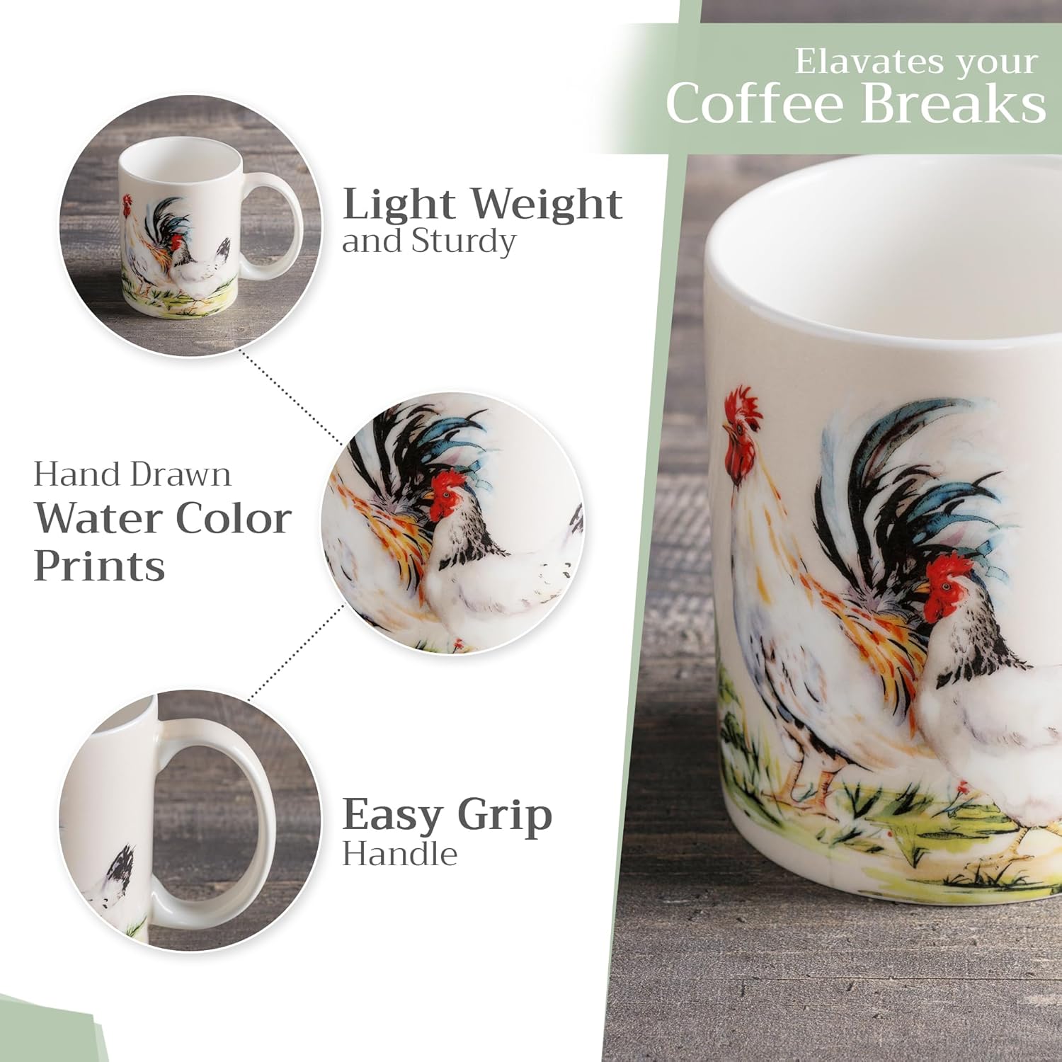 Maison d' Hermine Coffee Mug with Handles Fine Bone China Mugs Pack of One Tea Cups for Hot Beverages Cappuccino Latte Home Restaurant Office Perfect for Gift (Campagne - Basse Cour, 15 Ounce)