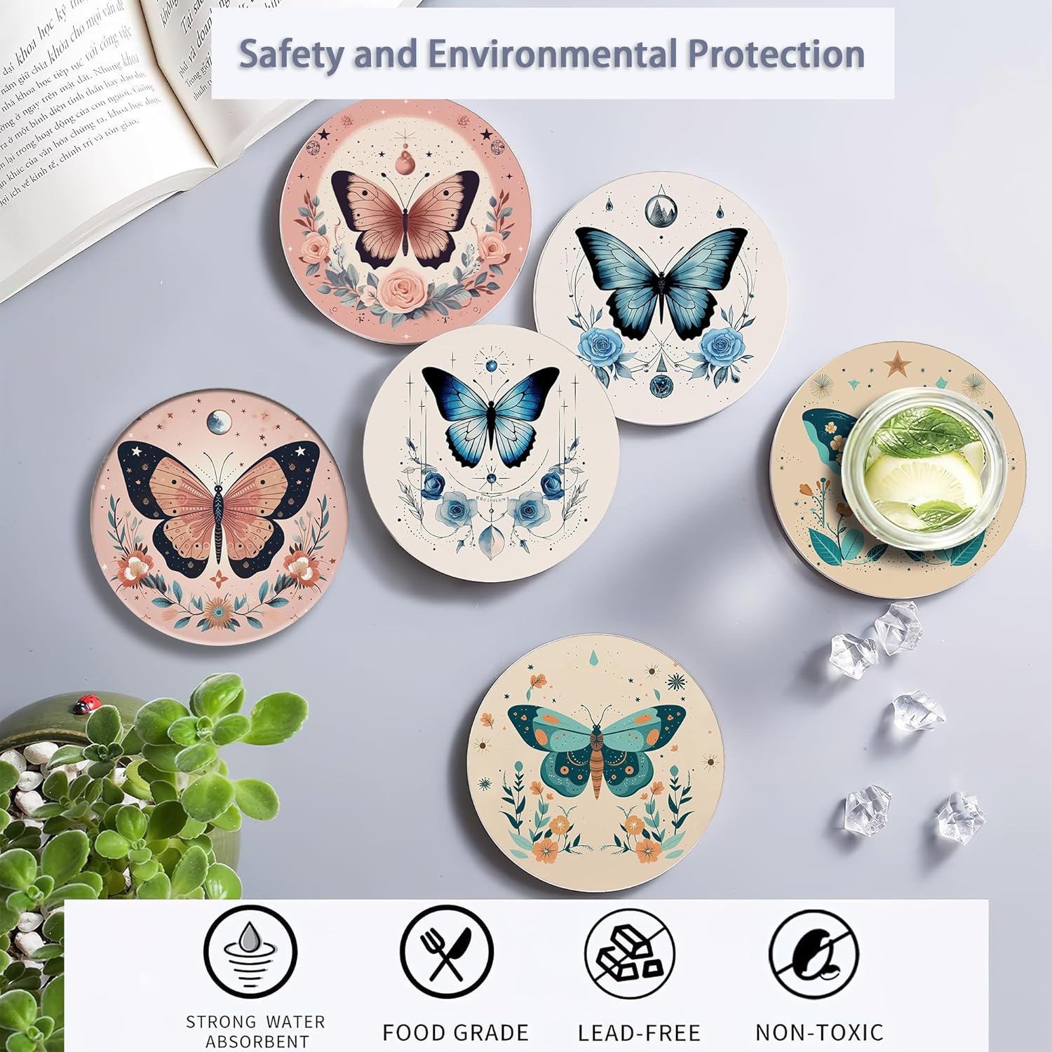 Coaster for Drinks Set of 6, Boho Butterfly Flower Absorbing Round Ceramic Stone Coaster with Cork Base,Tabletop Protection Mat for Mugs and Cups,Coffee Table Wine Glass Home Bar 4 Inch