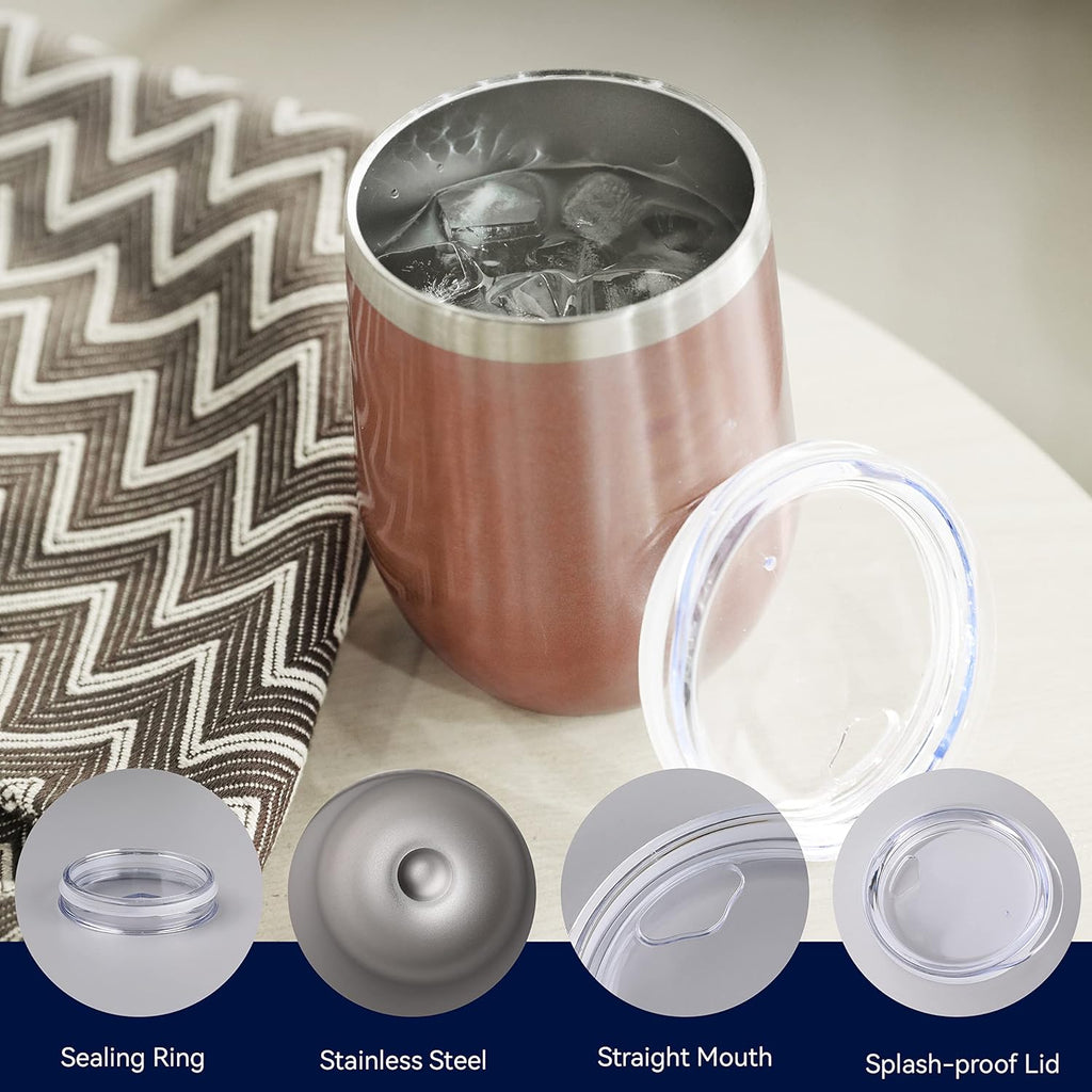 DOMICARE Stainless Steel Wine Tumbler Bulk with Lid, Personalized Rose Gold Insulated Tumblers Set, 12oz Travel Coffee Cups Pack of 12