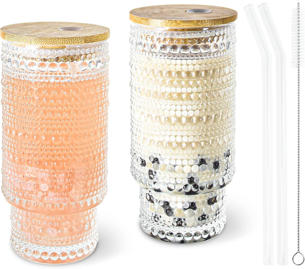 2 Pcs 11 oz Drinking Glasses Cups Set with Bamboo Lids Straws Brush Hobnail Small Drinking Glassware Set for Juice Iced Coffee Beer Cocktail Whiskey(Hobnail*2)