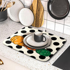Autumn Pumpkin Dish Drying Mat for Kitchen Counter,Black Round Dot Decoration Drying Mat 16 x 18 Inch with Absorbent Reversible Microfiber Dish Drying Pad Dish Rack Drainer Mat for Coffee Bar