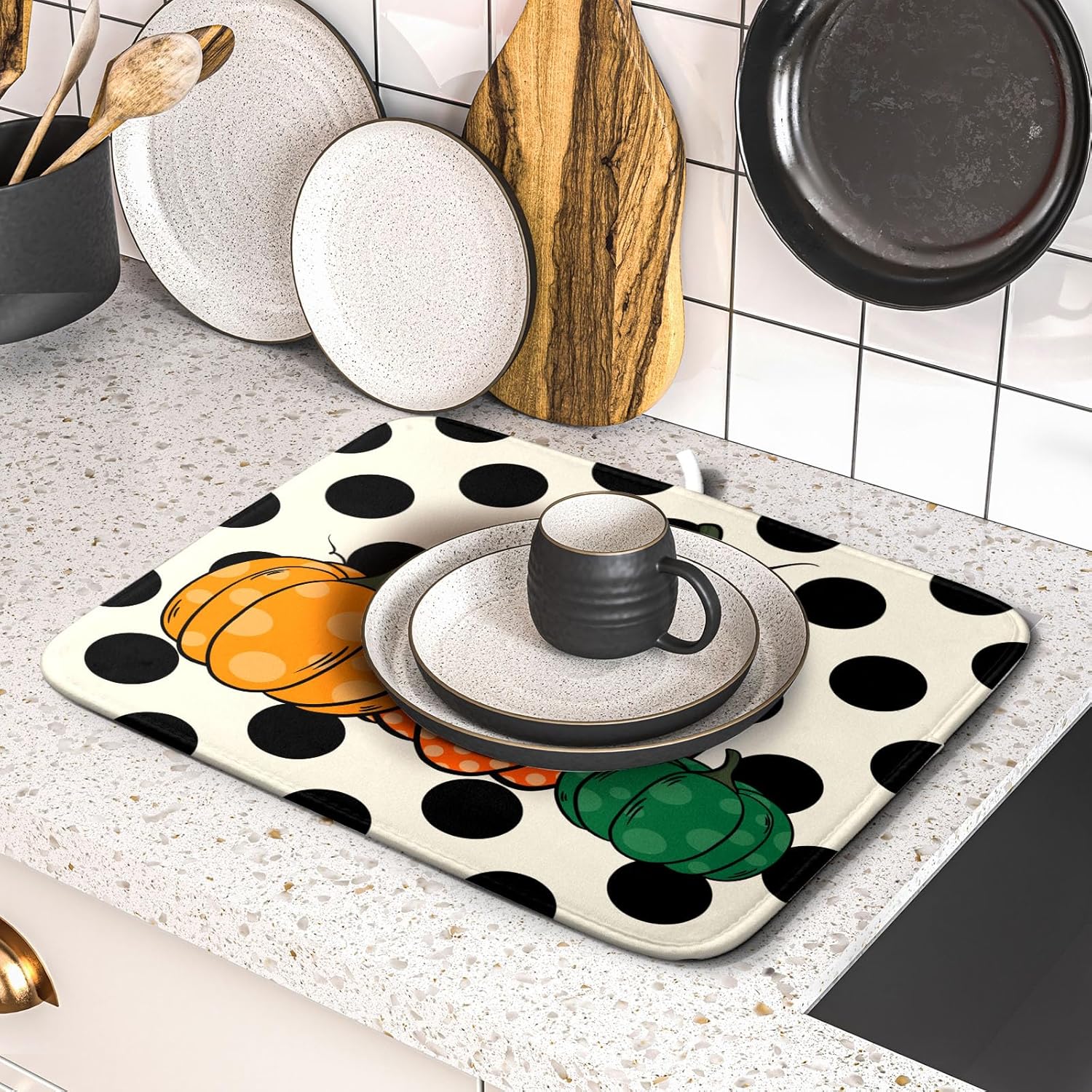 Autumn Pumpkin Dish Drying Mat for Kitchen Counter,Black Round Dot Decoration Drying Mat 16 x 18 Inch with Absorbent Reversible Microfiber Dish Drying Pad Dish Rack Drainer Mat for Coffee Bar