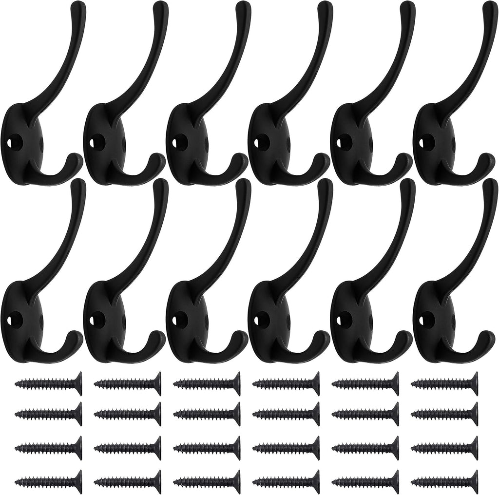 IBosins 12 Pack Black Coat Hooks Wall Mounted with 24 Screws Retro Double Hooks Utility Black Hooks for Coat, Scarf, Bag, Towel, Key, Cap, Cup, Hat