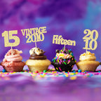 Gyufise 24Pcs Sweet 15 Cupcake Toppers Glitter Fifteen Vintage 2010 15th Birthday Cupcake Picks Hello 15 Years Birthday Cake Decorations for Happy 15th Anniversary Party Supplies Gold