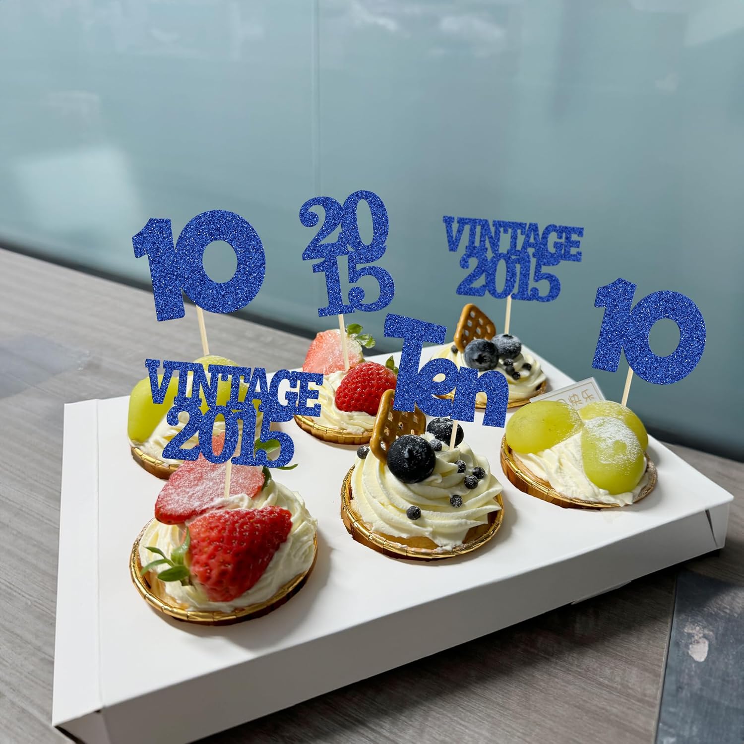 Gyufise 24Pcs 10th Birthday Cupcake Toppers Glitter Ten Vintage 2015 Double Digits 10 Cupcake Picks Birthday Cake Decorations for Happy 10th Birthday Anniversary Party Supplies Deep Blue
