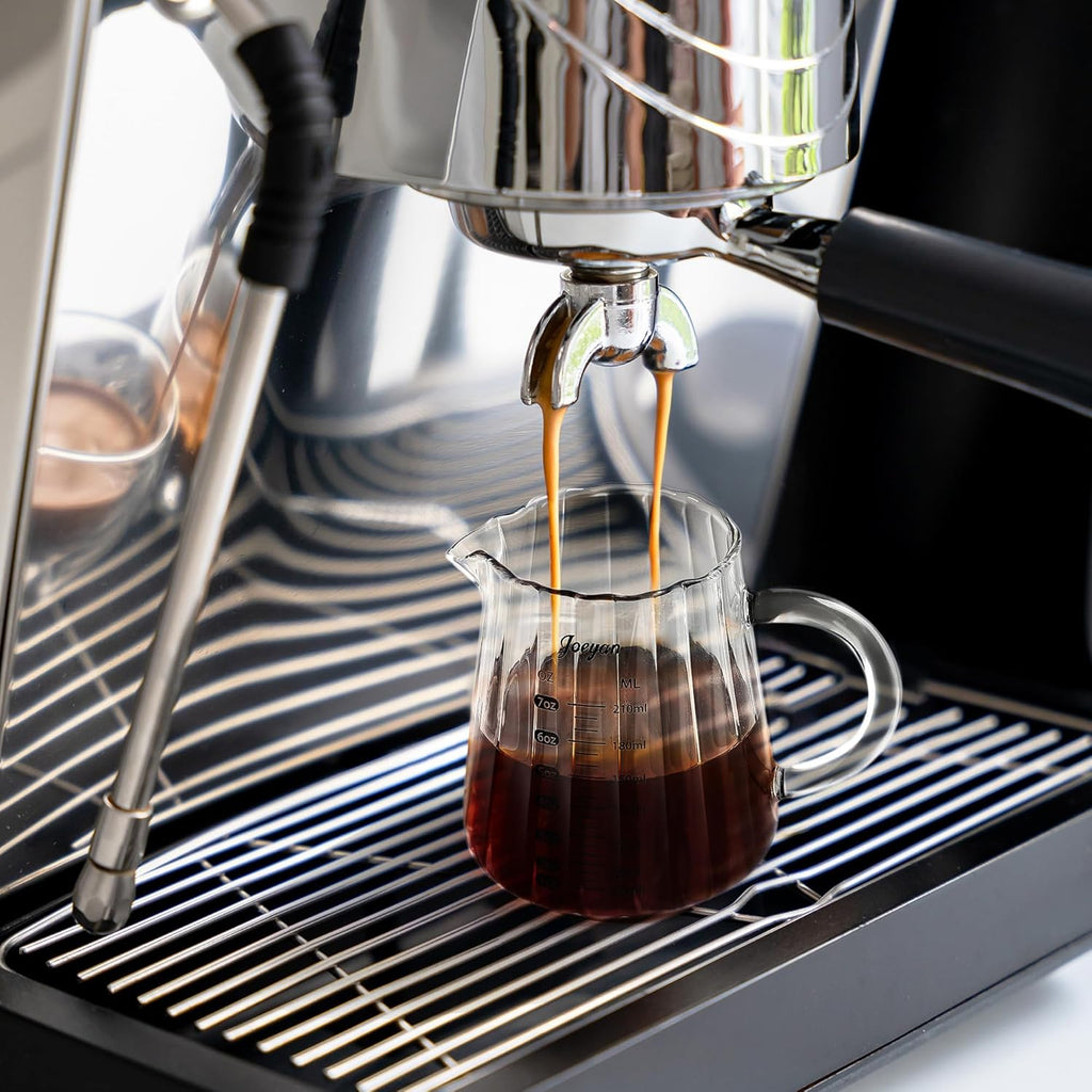 Joeyan 7 oz Glass Measuring Cups with Spout,Borosilicate Large Glass Triple Pitcher with Scale,Origami Style Espresso Shot Glasses with Wood Handle for Coffee Milk