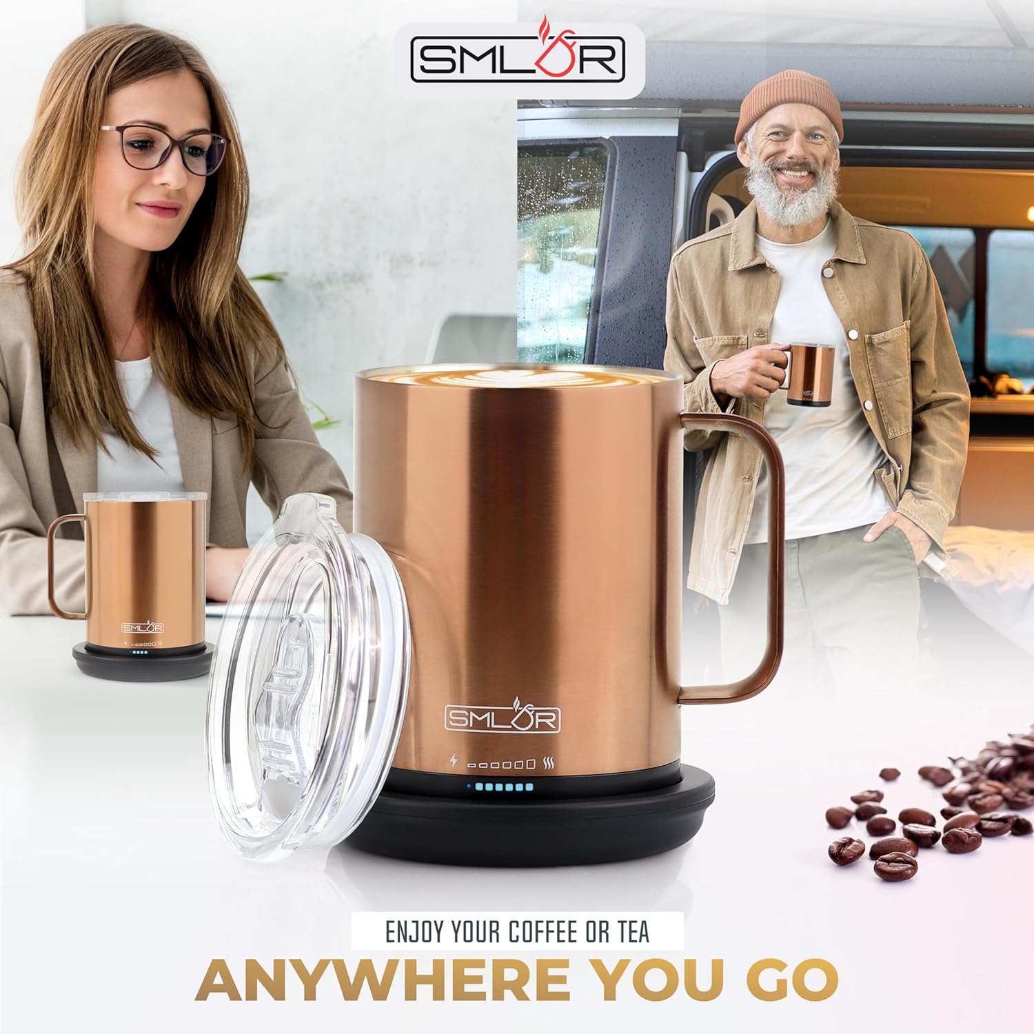 SMLDR Pro Heated Mug, 14 oz Smart Mug, Self-Heating, Adjustable Temperature, Battery Powered Heated Coffee Mug, Quick Recharge Time, Great for Coffee & Tea, Excellent Gift (Rose Gold)