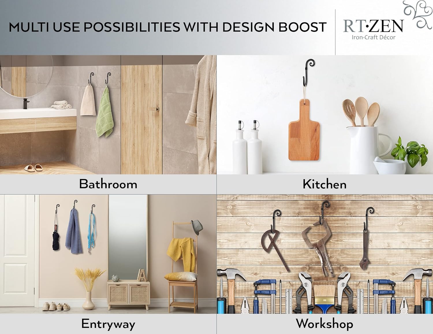 RTZEN Wall Mount Hook Set - Wrought Iron Decorative Rustic Metal Coat Hooks for Hanging - Handcrafted Classic Farmhouse Wall Mounted Black Hooks for Towel Robe or Hat Hanging - 3 Pack