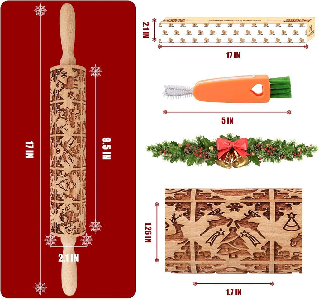 17" Premium Wood Rolling Pin with Stamp Embossed Designs | 3mm Deep Springerle Cookie Molds | Christmas Rolling Pin & Baking Gifts for Women | Includes 3-in-1 Cleaning Brush