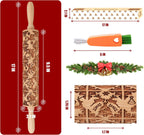 17" Premium Wood Rolling Pin with Stamp Embossed Designs | 3mm Deep Springerle Cookie Molds | Christmas Rolling Pin & Baking Gifts for Women | Includes 3-in-1 Cleaning Brush
