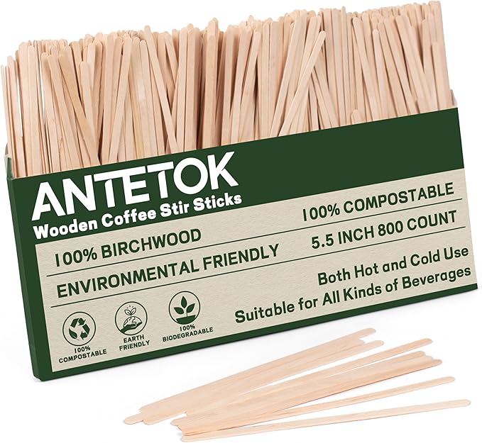 ANTETOK Wooden Coffee Stirrers - Coffee Stir Sticks 5.5 Inch,800pcs Disposable Swizzle Sticks,Swizzle Drink Sticks for Coffee,Tea,Cocktail and Hot Chocolate