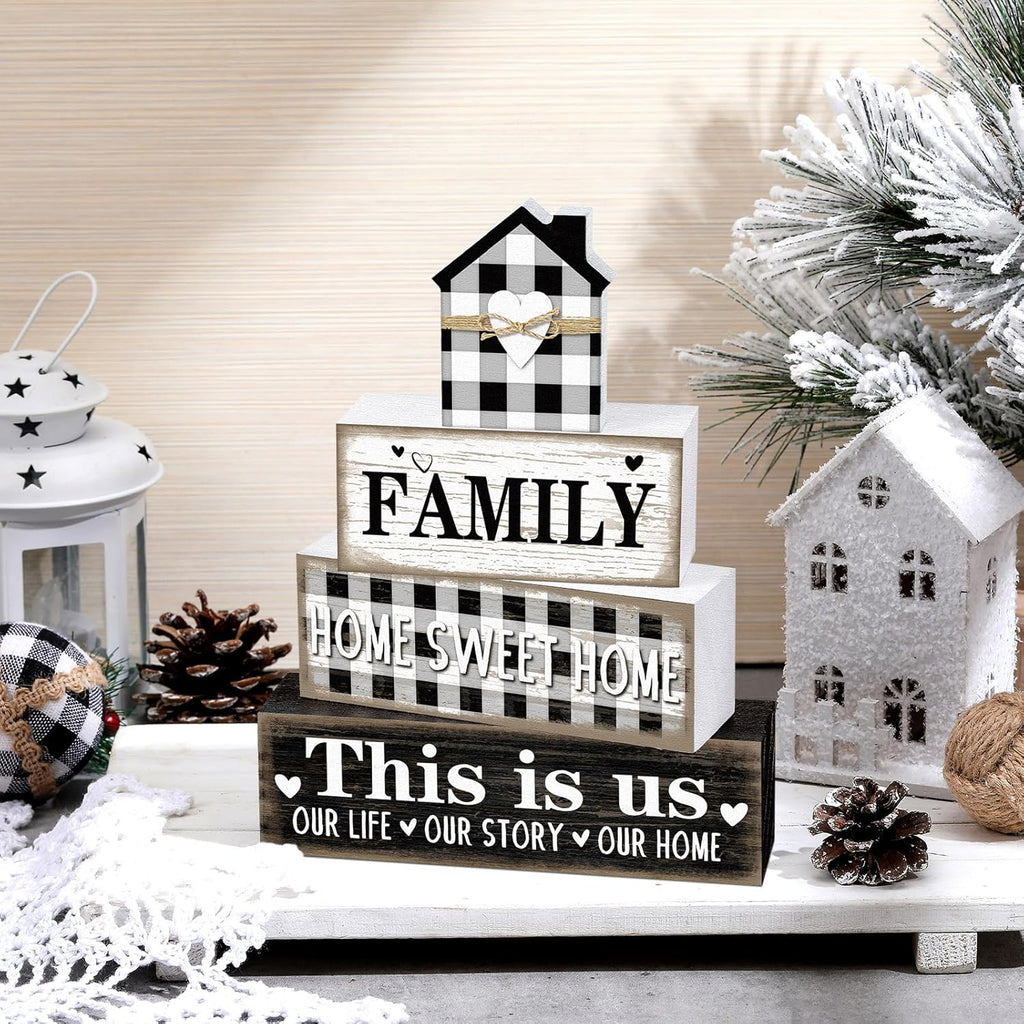 Farmhouse Wooden Tabletop Decor Rustic Home Sweet Home Table Centerpieces This Is Us Block Sign Black and White Buffalo Plaid Table Decor for Kitchen Shelf Desk Mantel Tiered Tray Decoration