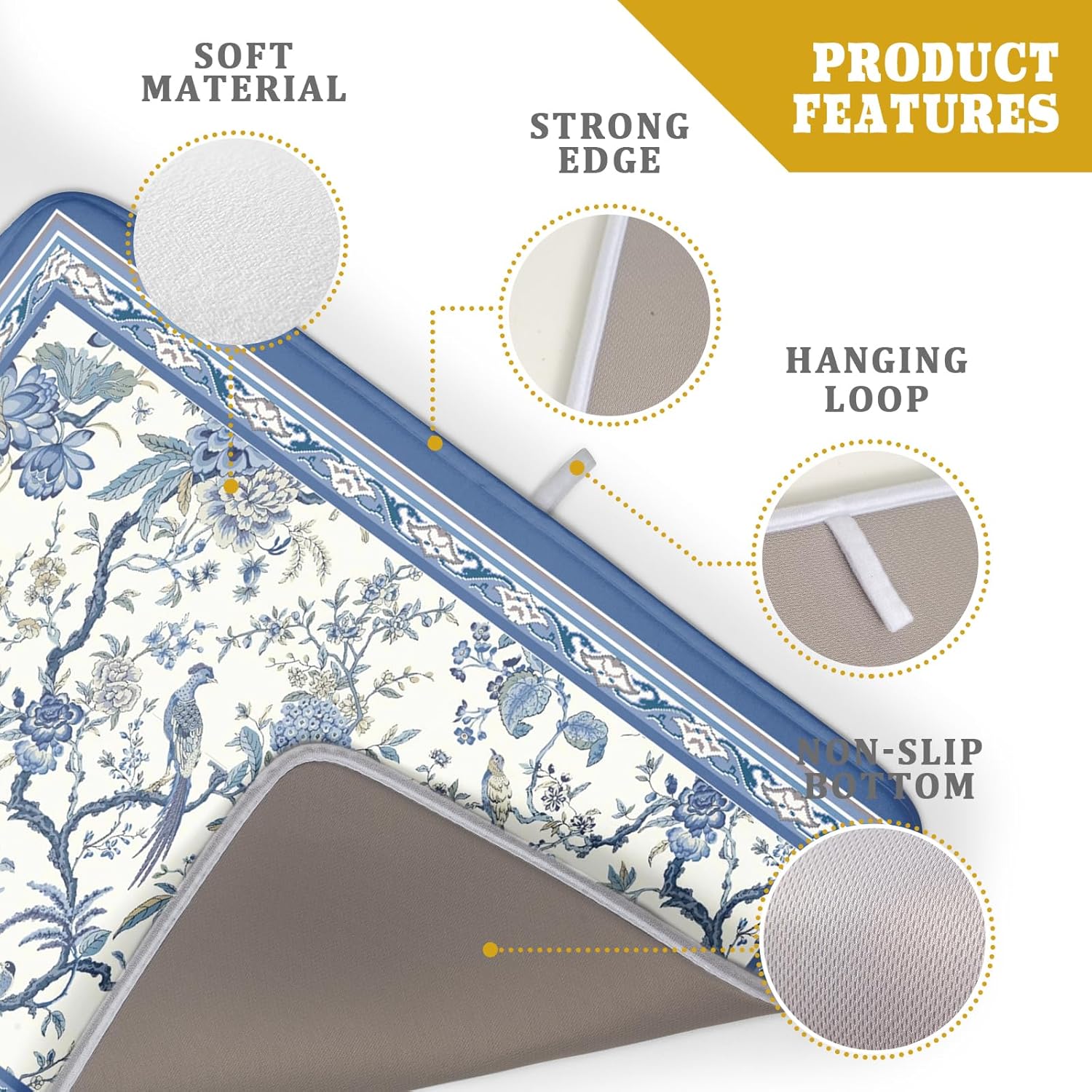 Giwawa Chinoiserie Dish Drying Mat 18x24in Blue White Oriental Floral Birds Kitchen Drainer Mats Porcelain Flowers Absorbent Microfiber Dish Drying Pad Large for Countertop Home Decor