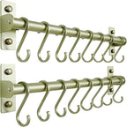 Dseap Kitchen Utensil Holder Hanger, Pot and Pan Rack Wall Mounted, Kitchen Rail with 8 Hooks for Hanging Cooking Utensils, Mugs, Spoons, Wall Mounted,Champagne Color, Pack of 2