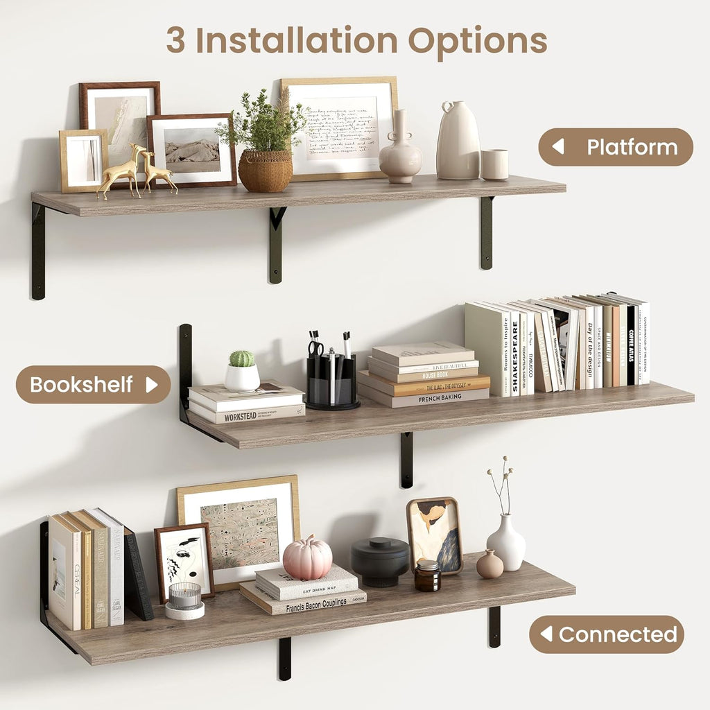 Fun Memories Floating Shelves for Wall, 12 Inch Deep Floating Shelves Set of 2, Wall Mounted Shelf with Metal Brackets, Rustic Wood Wide Shelf for Bathroom, Kitchen and Living Room, Grey, 48W x 12D