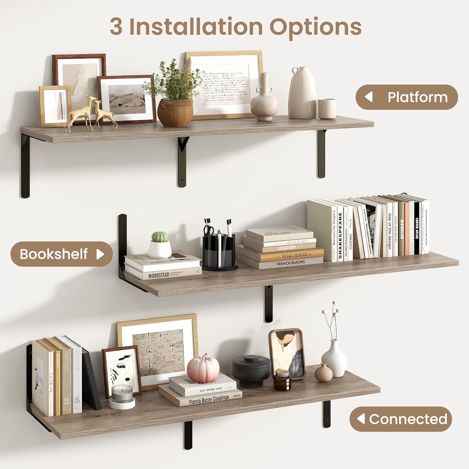 Fun Memories Floating Shelves for Wall, 12 Inch Deep Floating Shelves Set of 2, Wall Mounted Shelf with Metal Brackets, Rustic Wood Wide Shelf for Bathroom, Kitchen and Living Room, Grey, 48W x 12D