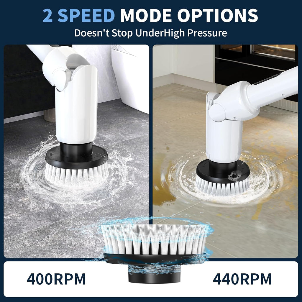 Electric Spin Scrubber - Cordless Cleaning Brush with Digital Display, 2 Speeds, 8 Brush Heads, IPX7 Waterproof, Adjustable Long Handle for Bathroom, Tub, Tile, Shower, and Car